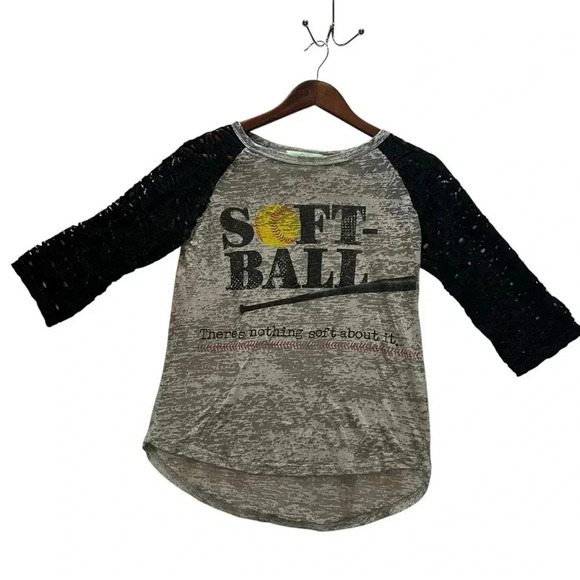 Southern Grace Tops - Southern Grace Gray Black Softball Graphic 3/4 Lace Sleeve T Shirt Women’s Small